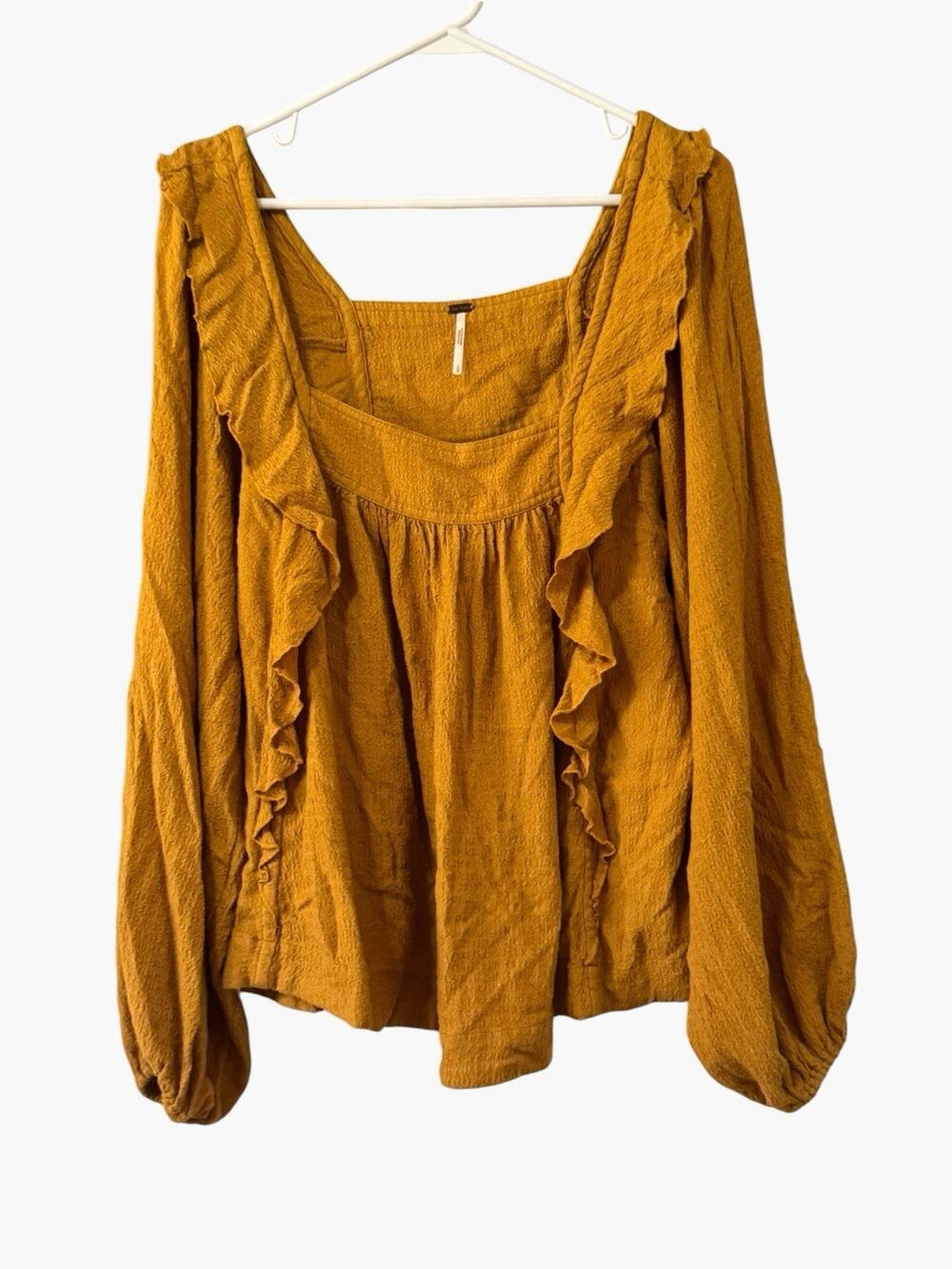 Free People Bonnie Ruffle Square Neck Peasant Top Women Sz Large Buttery Yellow